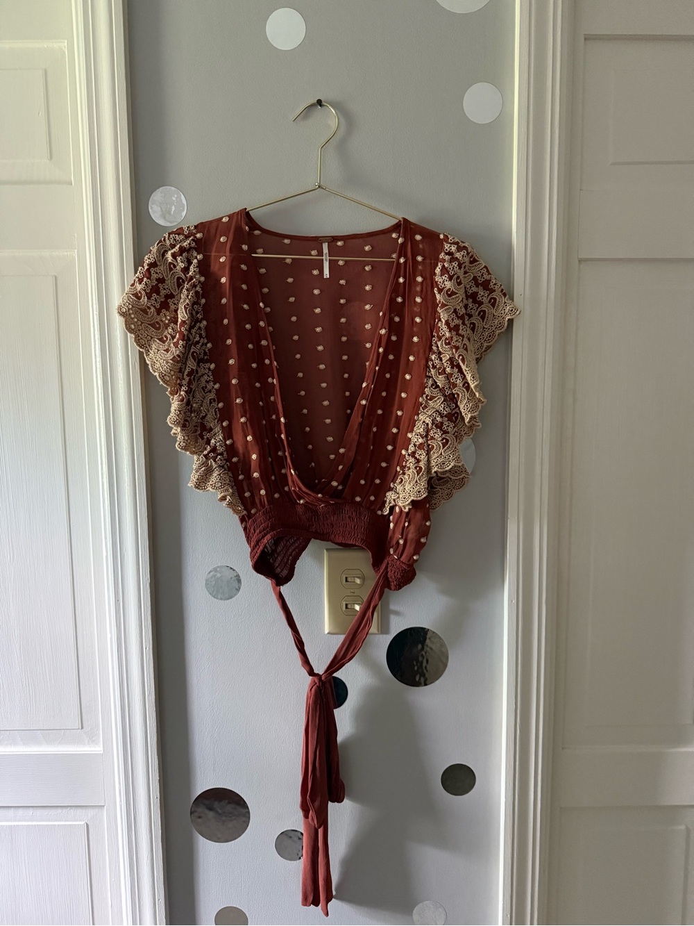 Free People Rust Polka Dot Tie-Front Lace Sleeve Women's Top